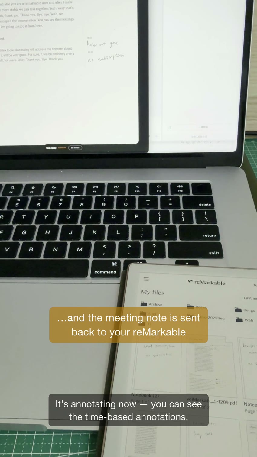 voiMarkable running on a Mac while a finished meeting note returns to a reMarkable tablet